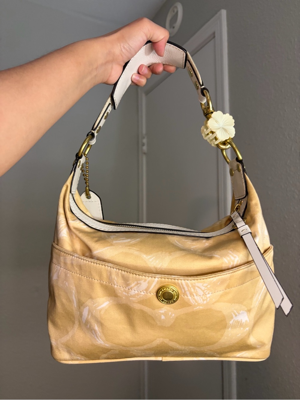 Coach Cream and Yellow Floral-Print Baguette Shoulder Bag